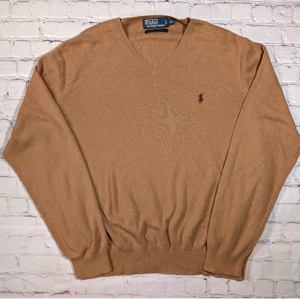 Polo Ralph Lauren V-Neck Sweater Mens XL Pima Cotton Tan Brown Pony Logo